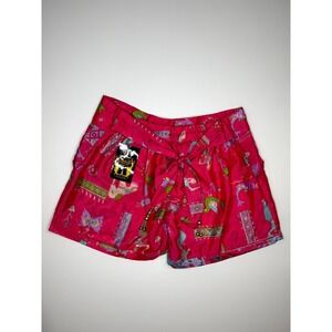 Junglee Billee Shorts Women Pink Elephant Bird Print Adjustable Tassel Tie Waist